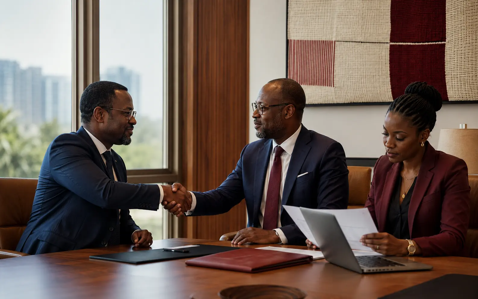 Dirigeants africains concluant un accord d'affaires